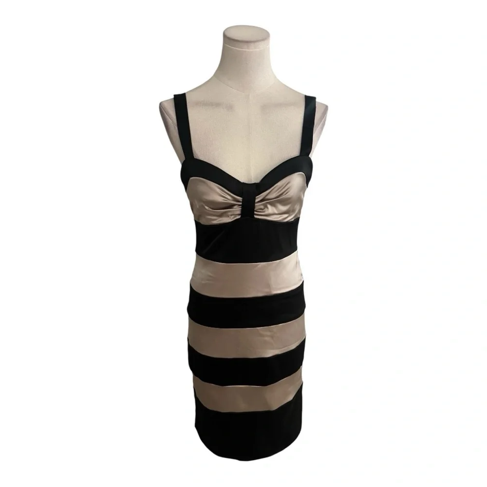 Cache Dresses | Cache Black Tan Gold Striped Midi Mini Dress Cocktail Party Event Size 6 Wedding | Color: Black/Tan | Size: 6 | Shelsie123's Closet